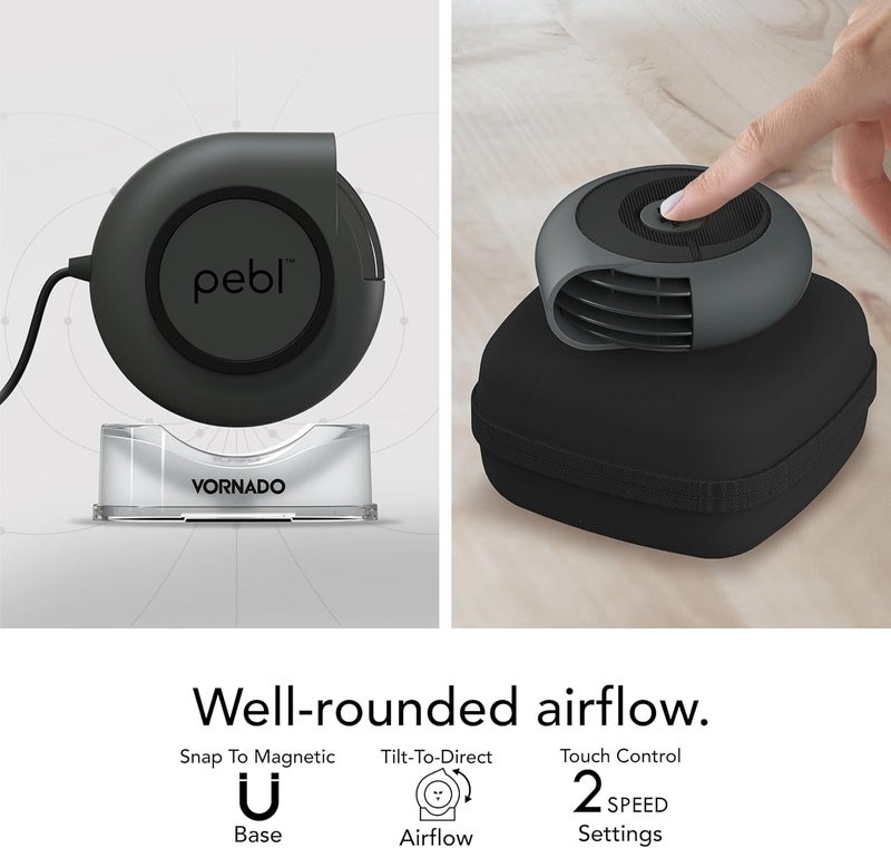 Vornado مروحة مكتب محمولة PEBL PAK مع حقيبة حمل، مروحة USB، قاعدة مغناطيسية، تدفق هواء قابل للتعديل، تبريد شخصي، إعدادين للسرعة، محول حائط متضمن، مثالية للاستخدام في المنزل أو المكتب أو السفر. - Image 3